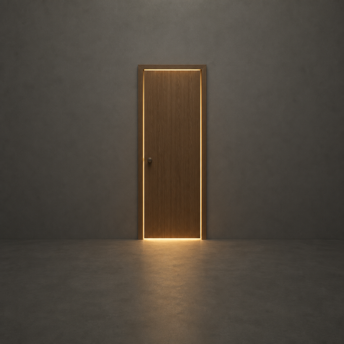 A tall narrow door standing alone in an empty room, light leaking around its edges.
