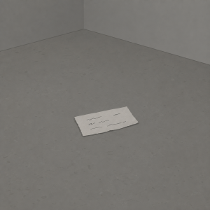 A small torn note slip on a bare floor, a few illegible pen strokes on it.